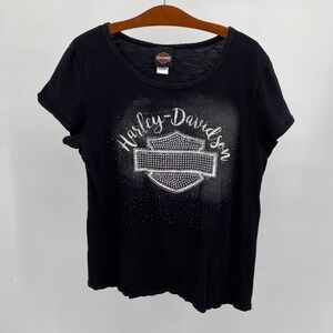 Harley Davidson Womens 1x Bling Rhinestone Graphic T Shirt‎ Black Cotton